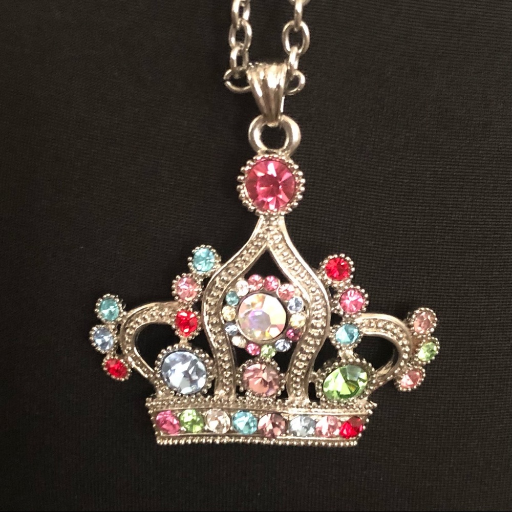 Silver And Rhinestone Crown Statement Necklace - image 5
